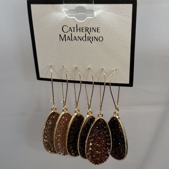 BRAND CATHERINE MALANDRINO FLAT TEARDROP DANGLE SPARKLY GLITTER CHARM EARRINGS - Picture 1 of 14